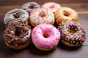 AI generated assorted donuts with chocolate, pink glazed and sprinkles donuts. photo