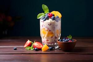 AI generated Delicious yogurt with berries in a glass photo