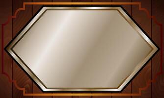 metal plate on a wooden surface. gold blank board. copy space. stainless steel background. vector