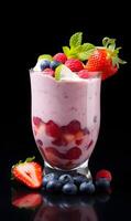 AI generated Yogurt with berries in a glass on a black background photo