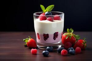 AI generated Delicious yogurt with fresh berries in a glass photo