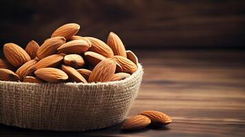 AI generated Almond nuts in wooden bowl on wooden background. Selective focus. photo