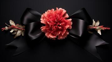 AI generated Black ribbon and red carnations on black background. photo