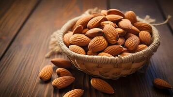 AI generated Almonds in basket on brown wooden background photo