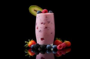 AI generated Delicious yogurt with fresh berries in a glass on dark background photo