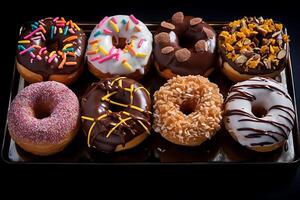 AI generated assorted donuts with chocolate, pink glazed and sprinkles donuts. photo