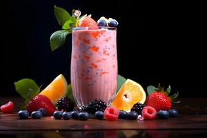 AI generated Yogurt with fresh berries in a glass on dark background photo