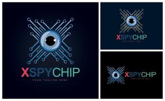 Eye balls letter X Spy chip Integrated Circuit microchip CPU letter logo design template vector