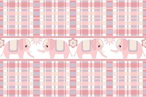 Geometric Colorful Pastel Square Grid line with Cute Baby Elephants Seamless Pattern. Vector design gingham style for fabric, tile, embroidery, wrapping, wallpaper, and background