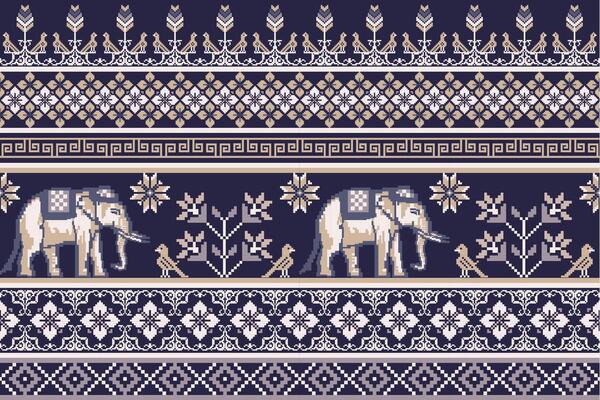 Ethnic Thai White Elephant Pixel Art Seamless Pattern on Dark Blue Background.  Vector design for fabric, carpet, tile, embroidery, wrapping, background, and wallpaper