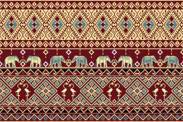 Traditional Thai Ethnic Seamless Pattern with Elephants and Birds.  Vector design for fabric, carpet, clothing, embroidery, wallpaper, and background