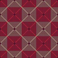 Traditional Thai Checkered Stitch Pattern on Crimson Red Background.  Vector seamless pattern design for fabric, tile, carpet, embroidery, wrapping, wallpaper, and background