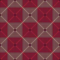 Traditional Thai Checkered Stitch Pattern on Crimson Red Background.  Vector seamless pattern design for fabric, tile, carpet, embroidery, wrapping, wallpaper, and background