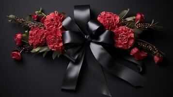 AI generated Black funeral ribbon with dark background and carnation embellishments photo