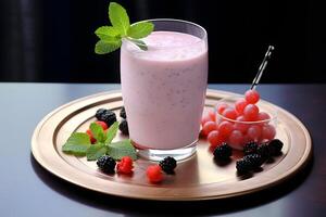 ai generado Fruta yogur zalamero con Fresco bayas en un vaso foto