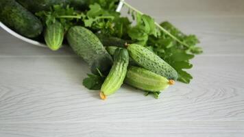 fresh organic cucumbers with herbs on a wooden table video