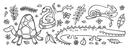 A playful black and white line art illustration featuring a turtle, snake, gecko, snail, and crocodile amidst jungle flora. vector