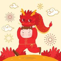 Hand Drawn Kid Celebrate Year of the Dragon Vector Illustration