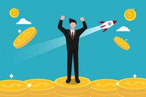 Triumphant businessman on coins with rocket growth Pro Vector