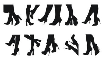 Set black silhouette of female legs in a pose. Shoes stilettos, high heels. Walking, standing, running, jumping, dance vector