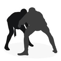 Image of silhouettes sambo athletes in sambo wrestling, combat sambo, duel, fight, fistfight, struggle, tussle, brawl, jiu jitsu. Martial art, sportsmanship vector