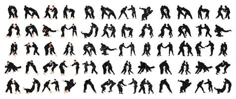 Silhouettes of 60 sports couples judoka fighter. Judoist, judoka, athlete, duel, fight, judo, isolated vector