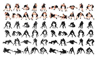 Set of silhouettes of active Greco Roman wrestling of two men, isolated vector