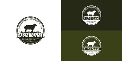 Abstract livestock big sheep farm badge minimal premium green logo vector illustration presented with multiple background colors. The logo is suitable for the Livestock Business logo design template