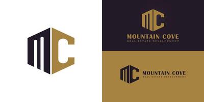 Abstract initial letter MC or CM in deep purple and gold color presented with multiple background colors. The logo is suitable for Real Estate and Construction Company logo design inspiration template vector