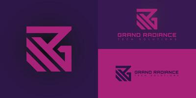 Initial letter GR or RG logo template with geometric square shape illustration in flat design monogram symbol presented with multiple background colors. The logo is suitable for a technology company vector