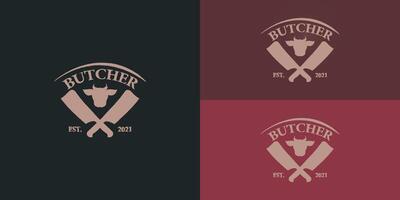 Clásico retro Carnicero logo con cruzar cuchillos en suave oro color presentado con múltiple negro y rojo antecedentes colores. el logo es adecuado para un carne restaurante logo diseño inspiración modelo vector