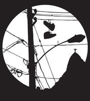 Monochrome illustration of sneakers silhouette hanging from powerline wiring with mountain in the background. vector