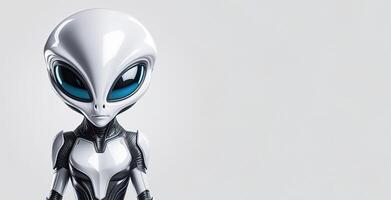 ai generado moderno extraterrestre robot 3d personaje en blanco brillante el plastico traje. humanoide con grande azul ojos. antecedentes espacio para texto foto