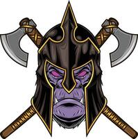 vector illustration of gorilla with knight helmet and weapon