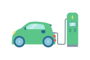 Electric car at the charging station, the concept of ecology, green energy. Flat vector illustration.