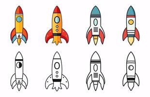 Set of Rocket Ship Flat Vector illustration free, Colorful Spaceship outline Icon Bundle