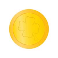 Vector illustration. Gold coin with four leaf clover isolated. Symbol of St. Patrick's Day.