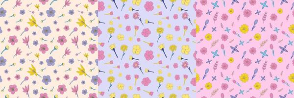 A seamless pattern set of spring elements such as orange flower, daisy, crocus, apple blossom, Frangipani, tulip, and others in a hand-drawn minimal floral concept, Vector