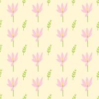 A seamless pattern of crocus and tree branches and leaves in a spring minimal shape floral concept, Vector