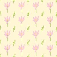 A seamless pattern of crocus and tree branches and leaves in a spring minimal shape floral concept, Vector