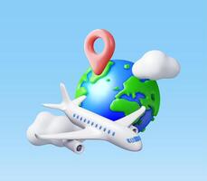 3D Airplane in Clouds and Globe Isolated. Render World Travelling by Plane. World Map with Location Pin. Time to Travel Concept, Holiday Planning. Tourist Worldwide Transportation. Vector Illustration