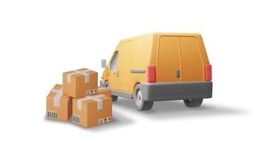 3D Delivery Van full of Cardboard Boxes Isolated. Render Express Delivering Services Commercial Truck. Concept of Fast and Free Delivery by Car. Cargo and Logistic. Realistic Vector Illustration