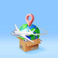 3D Delivery Airplane, Globe and Cardboard Box Isolated. Render Express Delivering Services Commercial Plane. Concept of Fast and Free Delivery by Aircraft. Cargo and Logistic. Vector Illustration