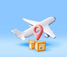 3D Delivery Airplane and Cardboard Boxes Isolated on White. Render Express Delivering Services Commercial Plane. Concept of Fast and Free Delivery by Aircraft. Cargo and Logistic. Vector Illustration