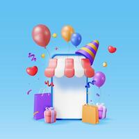 3D Online Shopping Concept. Render Smartphone with Shopping Symbols. Bag, Shopping Bag, Confetti, Gift Box and Balloons. Online Shop, Payment and Delivery. Vector Illustration