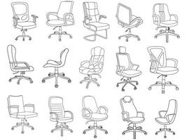 Stylish modern office chair, assorted set of office chairs, Vector minimal office chairs angle view isolated on white background.
