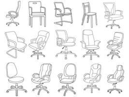 Stylish modern office chair, assorted set of office chairs, Vector minimal office chairs angle view isolated on white background.