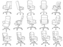 Stylish modern office chair, assorted set of office chairs, Vector minimal office chairs angle view isolated on white background.