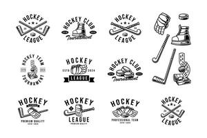 hockey emblem logo set with hockey puck stick glove thrower and ice skate vector for hockey team