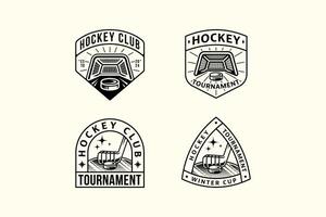 set of hockey outline badge logos with hockey puck and stick and wicket element design for hockey team and league and champion vector